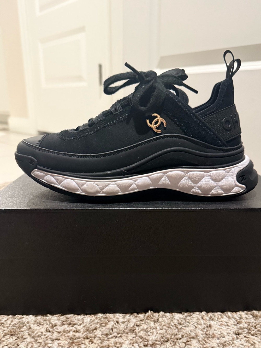 CHANEL Black and White Quilted-Trim Lace-Up Sneaker with Gold CC